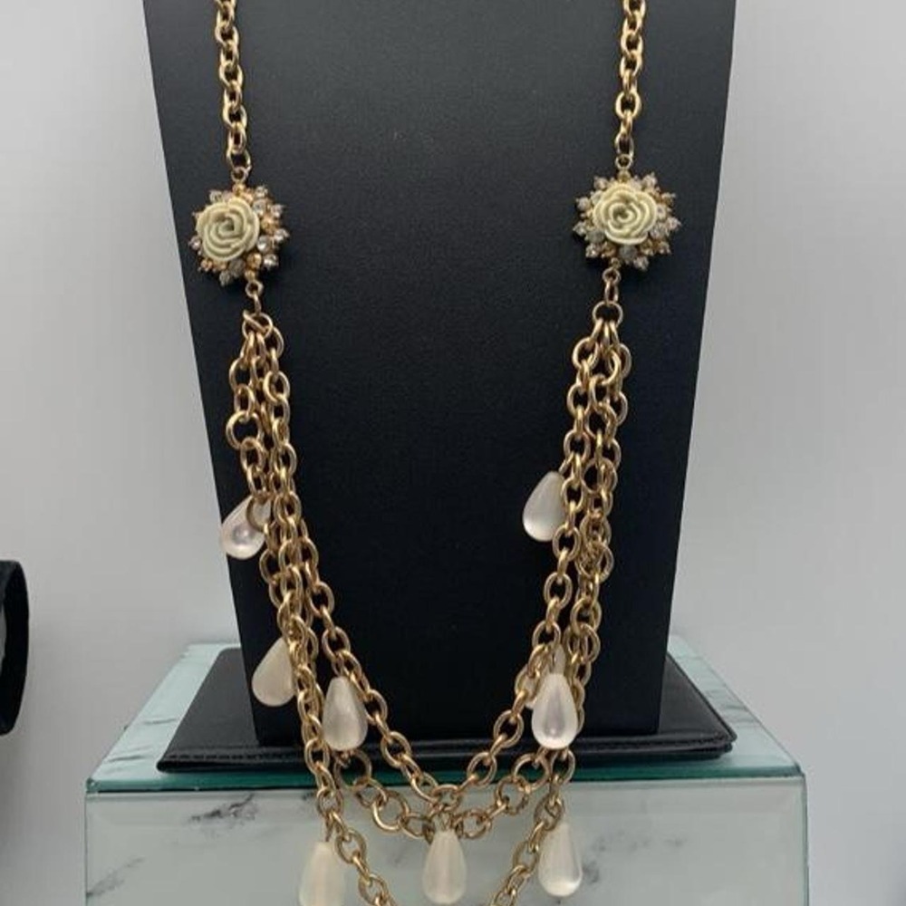 Antiqued gold tone multi chain necklace with white roses, beads and rhinestones